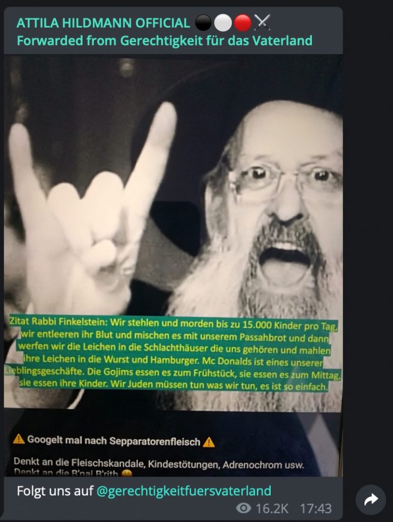 Antisemitische Hassreden bei Attila Hildmann; Screenshot Telegram