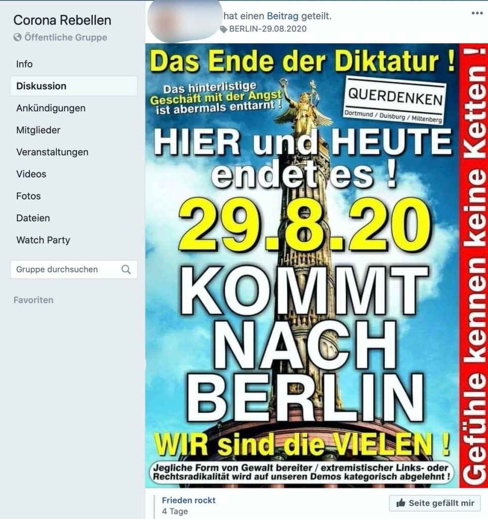 Querdenken 711: Demonstrationsaufruf in der Gruppe der Corona-Rebellen; Screenshot