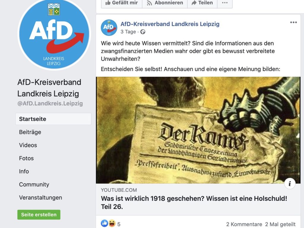 fD Kreisverband Landkreis Leipzig: Geschichtsrevisionistisch auf Reichsbürgerkurs; Screenshot Facebook