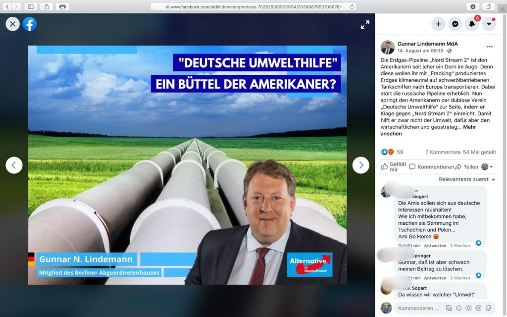 Gunnar Lindemann: Ein Fan von NORD STREAM 2; Screenshot Facebook