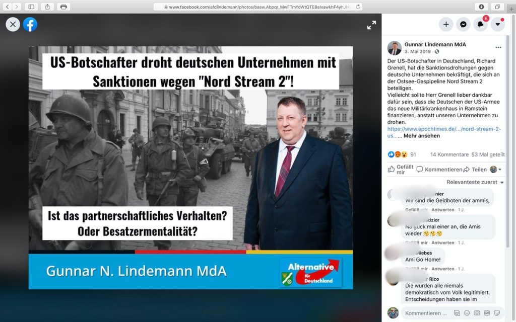 Kritik an Nord Stream 2 wird hier als"Besatzermentalität" gedeutet; Screenshot Facebook