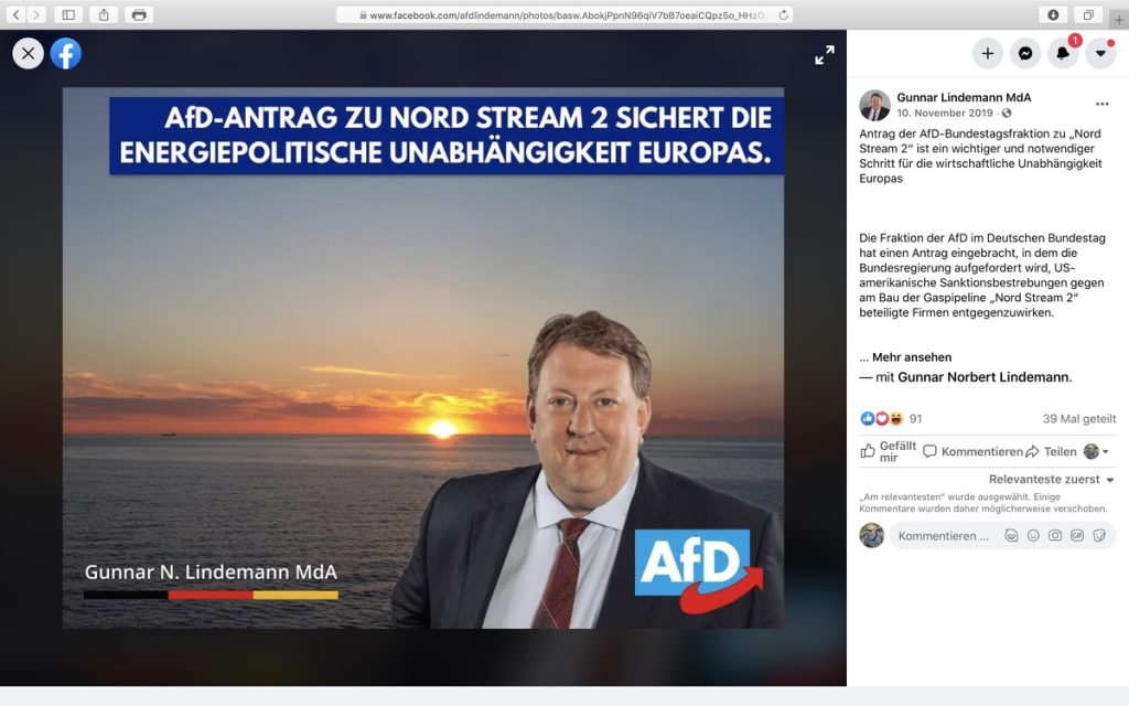 AfD-Antrag zu NORD STREAM 2 im Bundestag; Screenshot Facebook