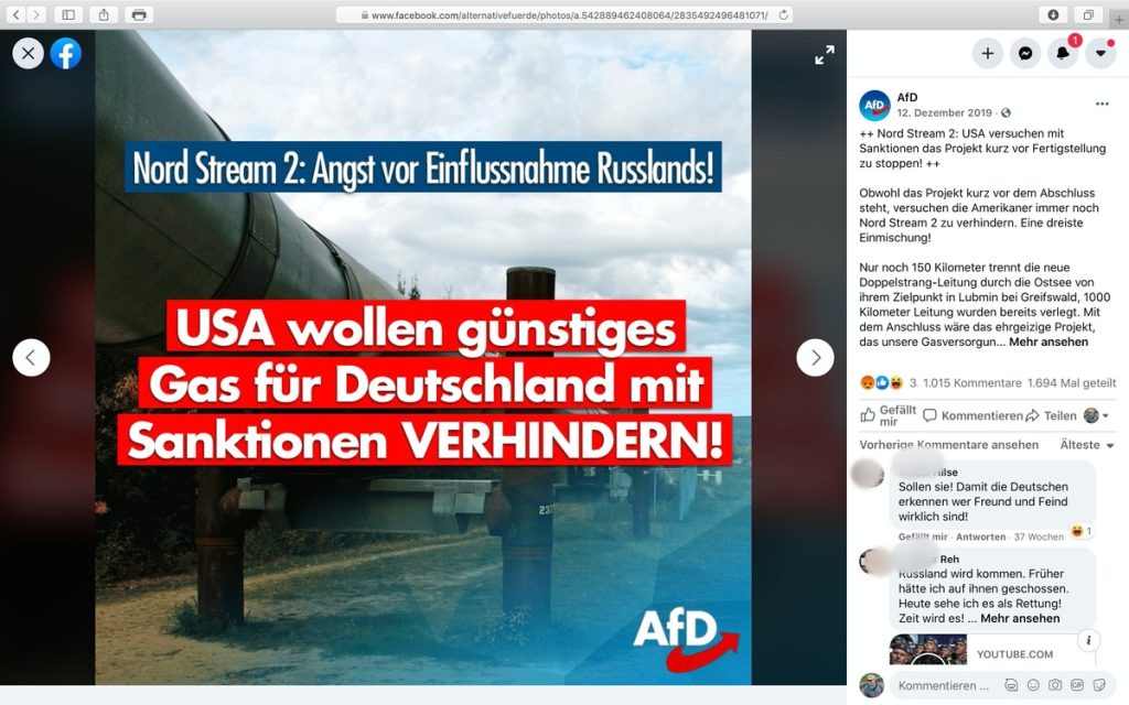 Lobby des Kreml: Die AfD ist Putins fünfte Kolonne in Deutschland; Screenshot Facebook