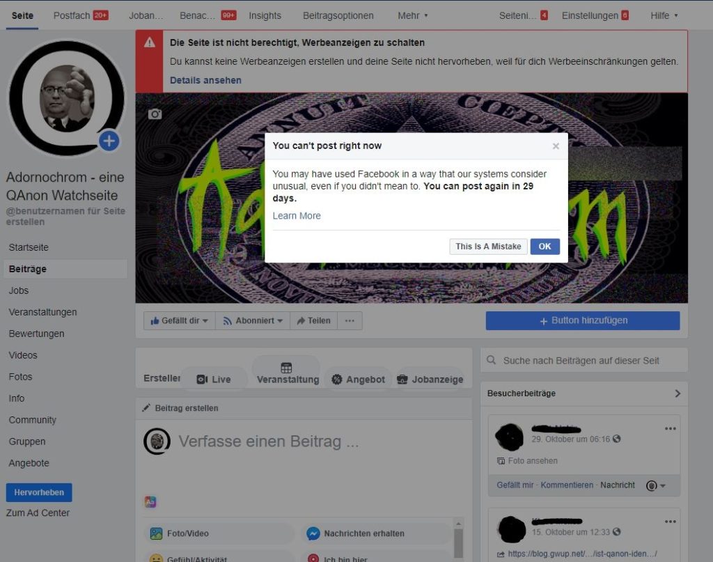 Erneut gesperrt: Adornochrom - eine QAnon-Watchseite ; Screenshot