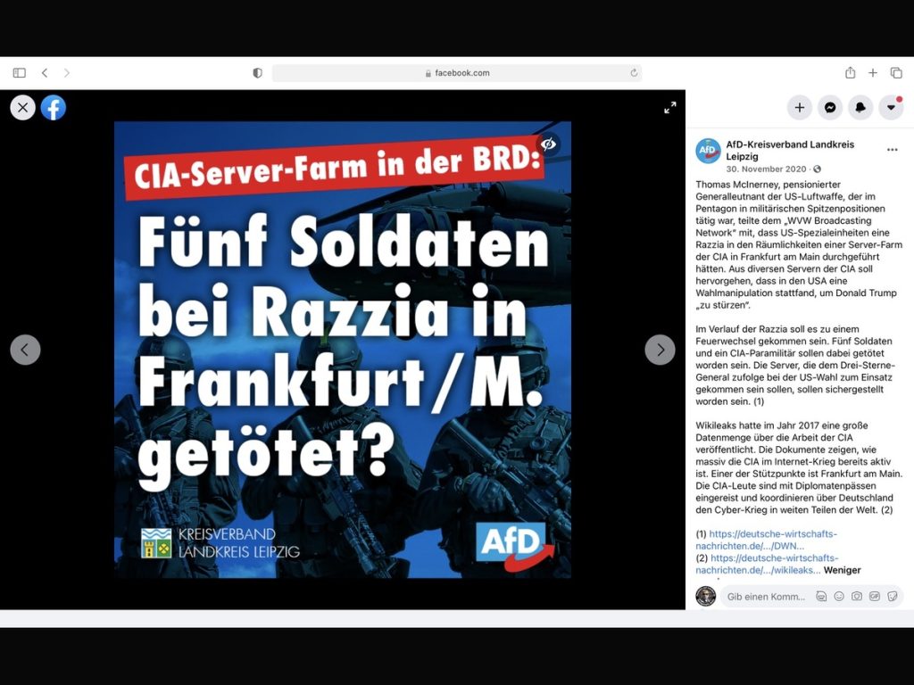 100% Fake-News auf der Facebook-Seite der "AfD Kreisverband Landreis Leipzig"; Screenshot Facebook