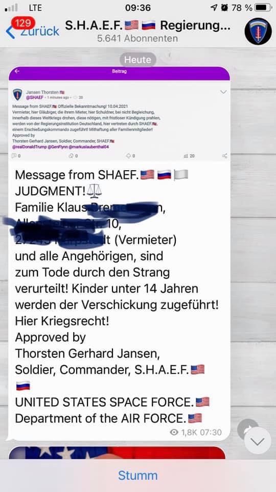 Beitrag im gesperrten Kanal "S.H.A.E.F." vom 4. September 2021; Foto: Screenshot Telegram