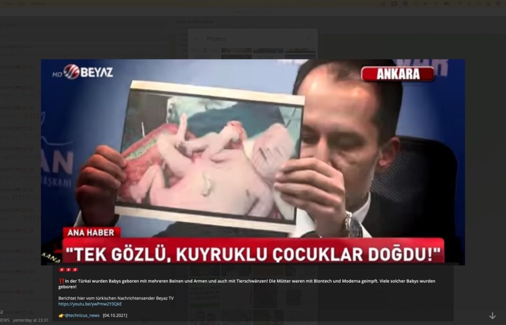 "In der Türkei wurden Babys geboren mit mehreren Beinen und Armen und auch mit Tierschwänzen! Die Mütter waren mit Biontech und Moderna geimpft. Viele solcher Babys wurden geboren!" - Willkommen auf dem Telegram-Kanal von Sven Großer (AfD Kreisverband Landkreis Leipzig); Screenshot Telegram