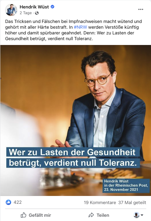 Hendrik Wüst über gefälschte Impfnachweise: "Null Toleranz"; Screenshot