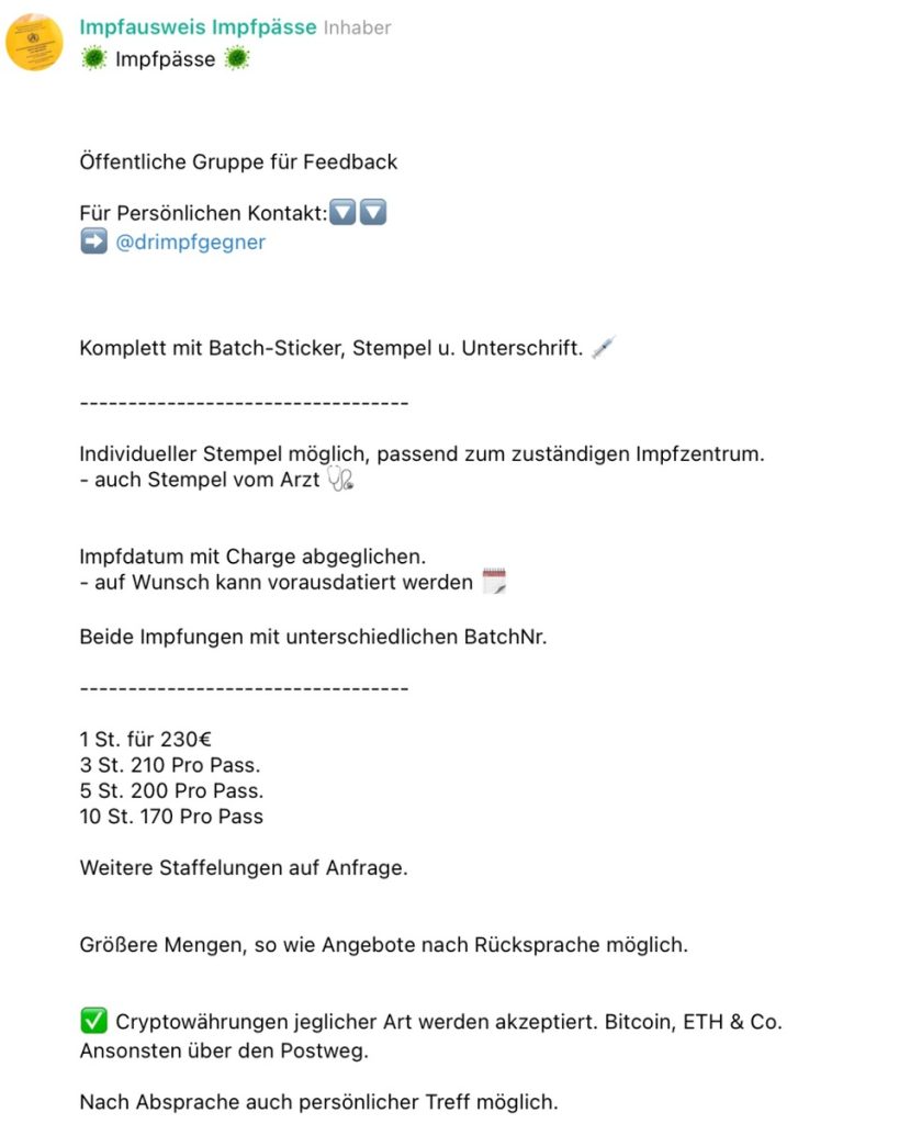 Einer von vielen Anbietern auf Telegram: Impfausweis Impfpässe; Screenshot