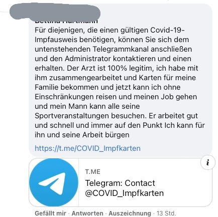 Werbung für illegale Impfnachweise auf Facebook; Screenshot