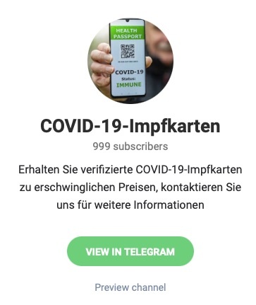 Angeblich von einem Arzt betrieben: Der Kanal Covid-19-Impfkarten auf Telegram; Screenshot