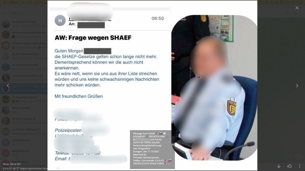 "DEATH BY FIRING SQUAD! Verleumdung/Verhöhnung!"; Screenshot Telegram, durch die Ruhrbarone verfremdet!