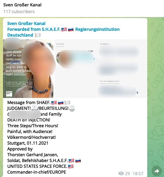 Ein "Todesurteil", geteilt im Kanal von Sven Großer; Screenshot Telegramm, durch die Ruhrbarone verfremdet!