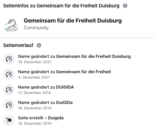 Historie der Facebook-Community "Gemeinsam für die Freiheit Duisburg"; Screenshot