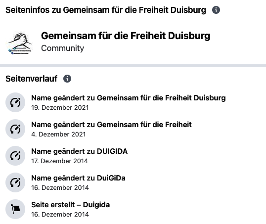 Historie der Facebook-Community "Gemeinsam für die Freiheit Duisburg"; Screenshot