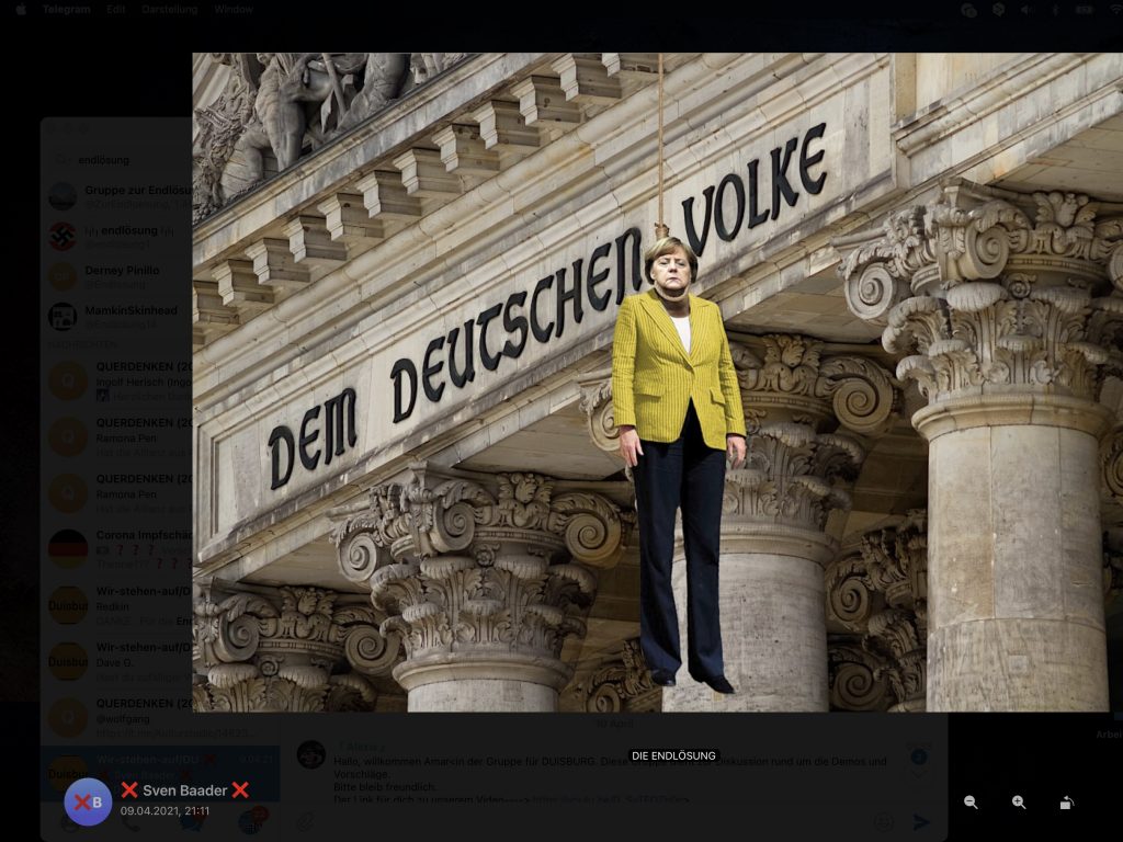 Nur in der Öffentlichkeit wird "Gewaltfreiheit" gepredigt: Fotomontage mit dem Titel "Die Endlösung" in der Telegram-Gruppe "Duisburg steht auf"; Screenshot vom 19. Dezember 2021