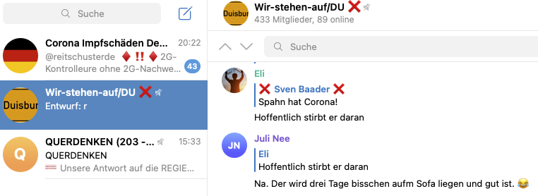 Todeswünsche für Jens Spahn; Screenshot Telegram