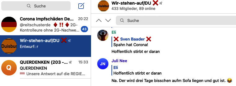 Todeswünsche für Jens Spahn; Screenshot Telegram