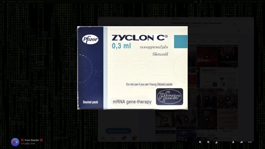 Corona-Impfstoff wird bei "Duisburg steht auf" mit Zyklon B verglichen; Screenshot Telegram