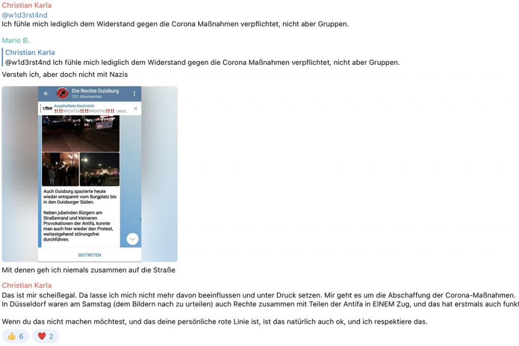 Auch Neonazi-Splitterpartei "Die Rechte Duisburg" spaziert in Duisburg mit; Screenshot Telegram