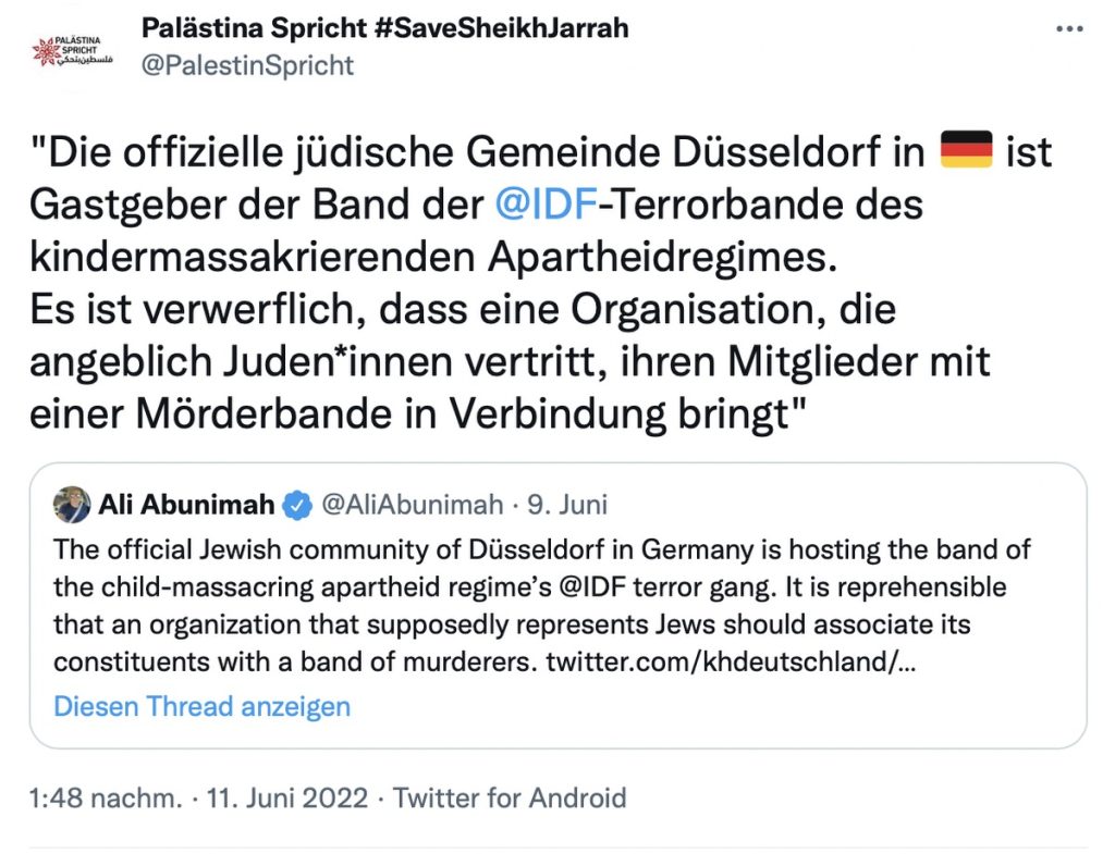 Antiisraelische Hetze gegen die Jüdische Gemeinde in Düsseldorf; Screenshot Twitter