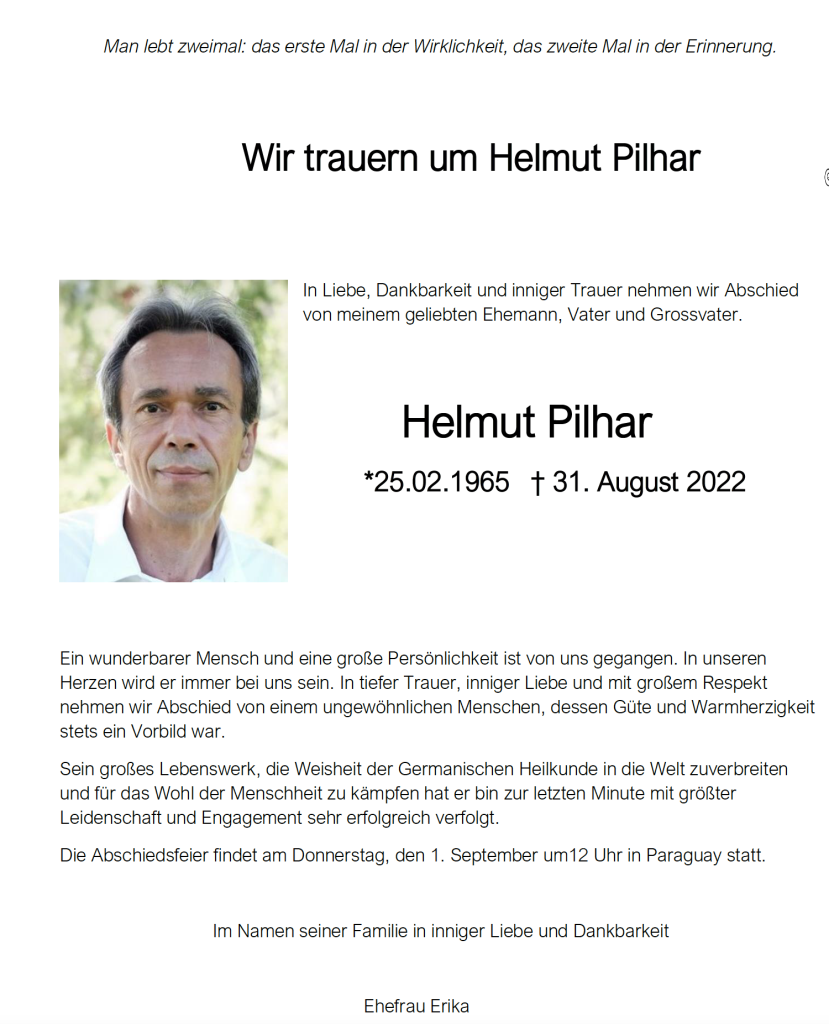 Todesanzeige von Helmut Pilhar; Screenshot Telegram