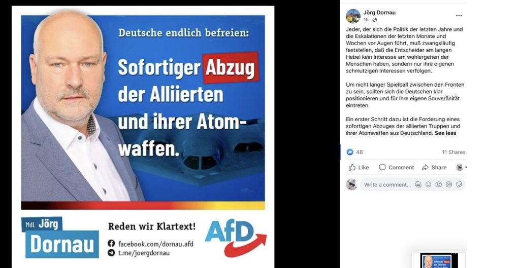 Ein schutzloses Deutschland: Forderung der "AfD"; Screenshot Facebook