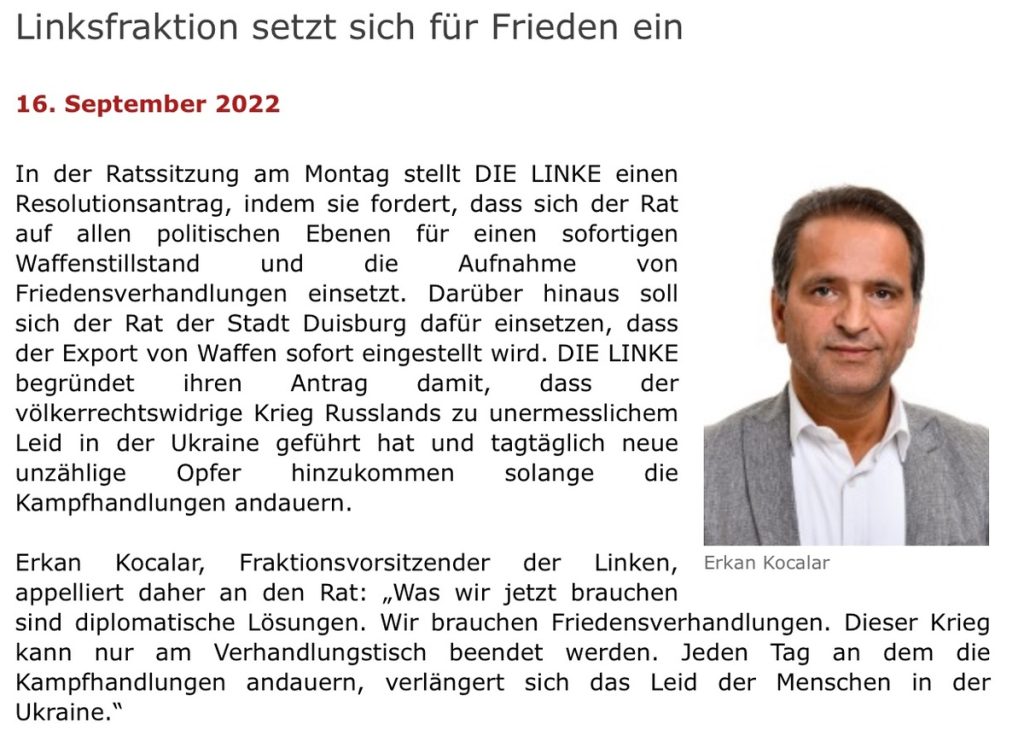 "Diplomatische Lösungen" aus Duisburg; Screenshot "Die Linke Duisburg"