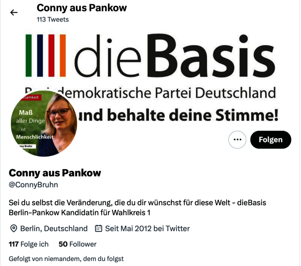 Conny Bruhn - "dieBasis" - auf Twitter; Screenshot