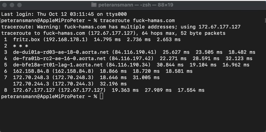 Traceroute zu fuck-hamas.com; Screenshot