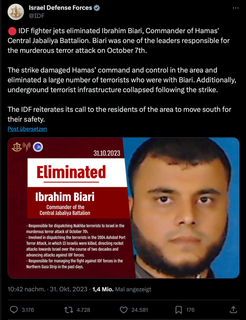 Beim Angriff der Israelischen Luftwaffe getötet: Top-Terrorist Ibrahim Biari; Screenshot Twitter