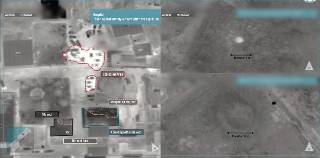 Luftaufnahmen von Krankenhausgelände mit Zerstörungen (l) und Krater, die durch israelische Munition entstehen (r); Foto: IDF