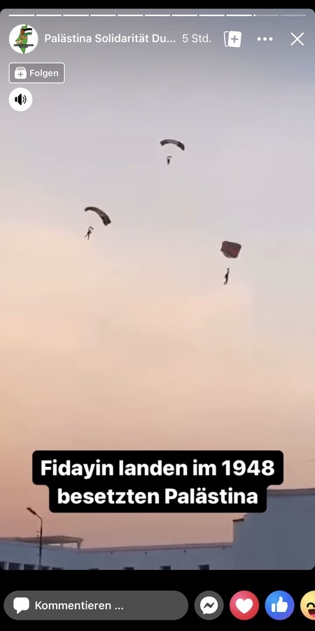 "Fidayin landen im 1948 besetzten Palästina"; Screenshot Facebook