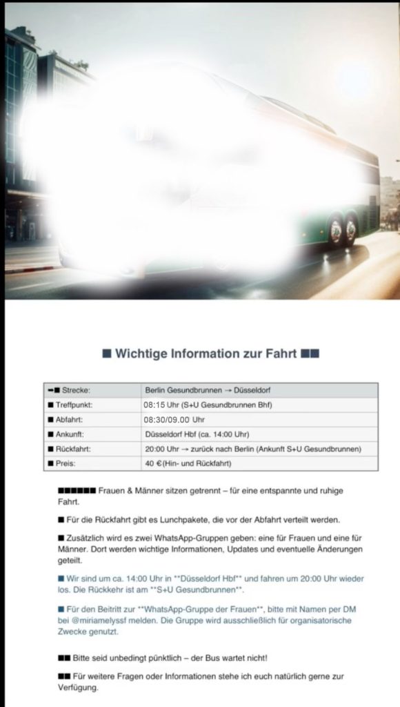 Anreise, natürlich nach Geschlechtern (nur zwei werden berücksichtigt) getrennt (Screenshot, bearbeitet - Instagram)
