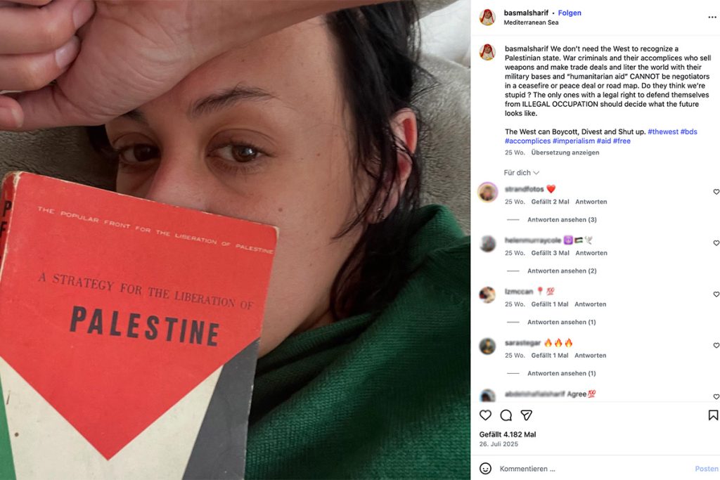 Basma al-Sharif bei der Lektüre eines Buches der (in Europa und USA verbotenen) Terrorgruppe PFLP (Screenshot Instagram)