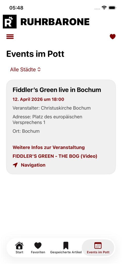 Die Terminübersicht "Events im Pott", nach Städten sortiert.