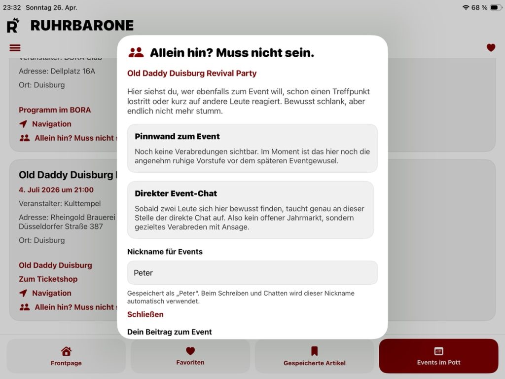 Die Ruhrbarone App (iPad): Events im Pott mit "Mitgehfunktion" (Screenshot)
