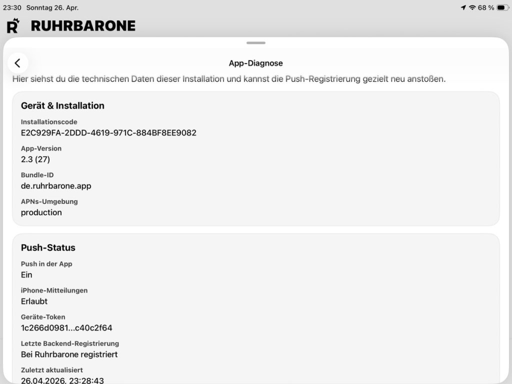 Diagnosetool der Ruhrbarone App (Screenshot)