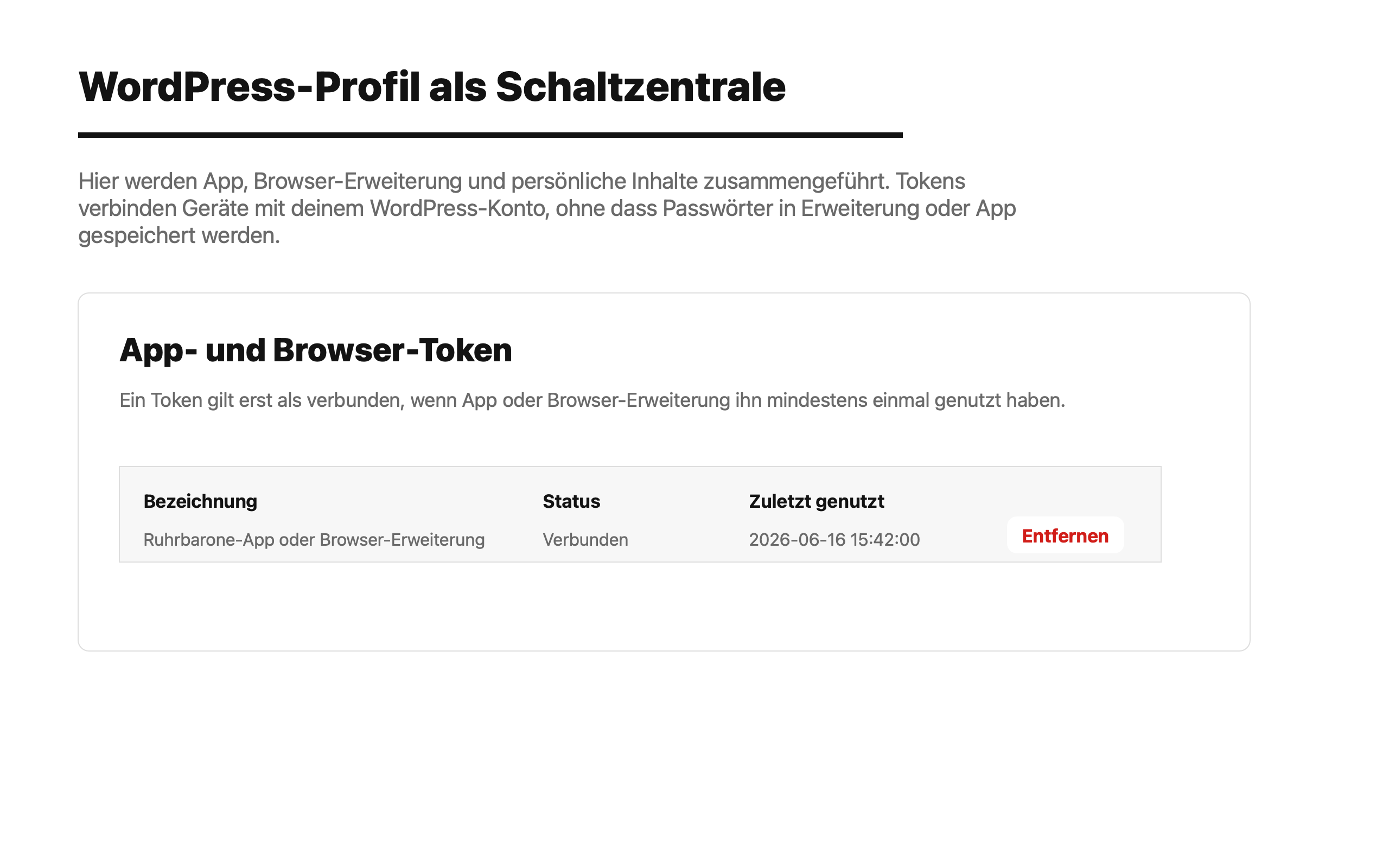 App- und Browser-Token im WordPress-Profil
