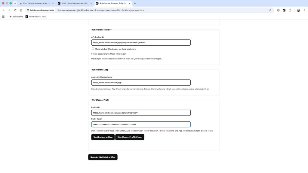 Token eingesetzt in den Optionen der Browser-Erweiterung (Screenshot)