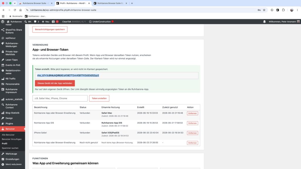Token-Erstellung auf der Profilseite im Blog (Screenshot)