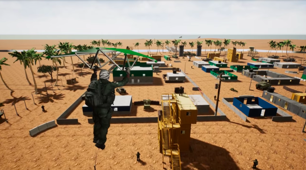 Die Spielfigur dringt mit Hilfe eines Gleitschirms in eine IDF-Basis ein. Screenshot: Andreas Wolf