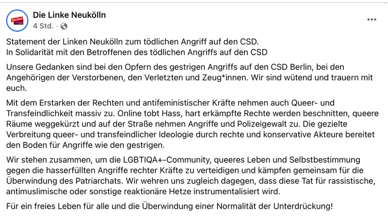 „Wir wehren uns zugleich dagegen, dass diese Tat für rassistische, antimuslimische oder sonstige reaktionäre Hetze instrumentalisiert wird.“ (Foto: Screenshot Facebook)