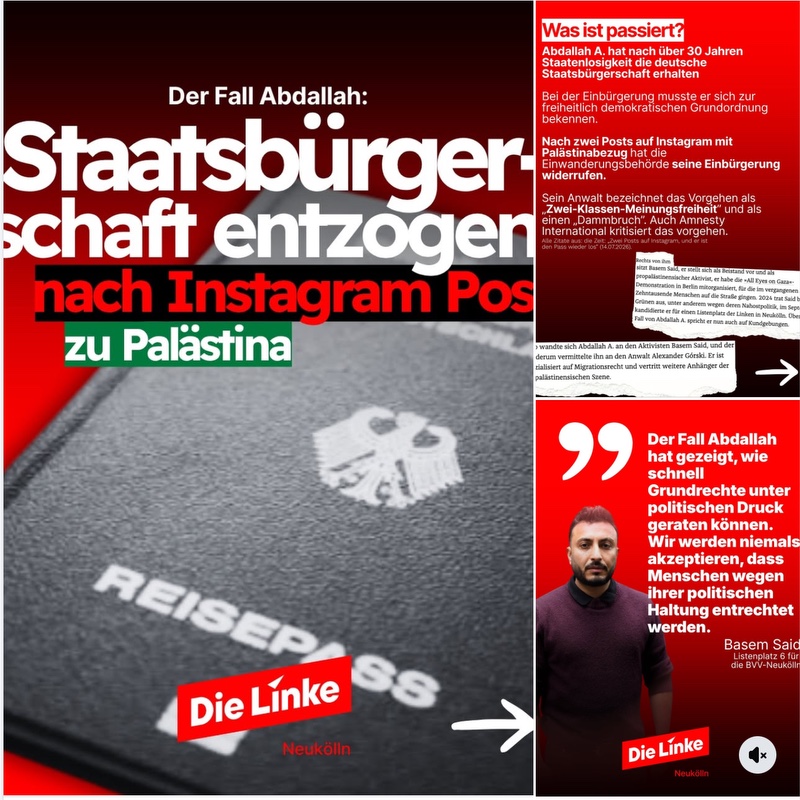 „Staatsbürgerschaft entzogen nach Instagram-Post zu Palästina“: So beschreibt die Linke Neukölln den Fall Abdallah. (Foto: Screenshot Facebook)