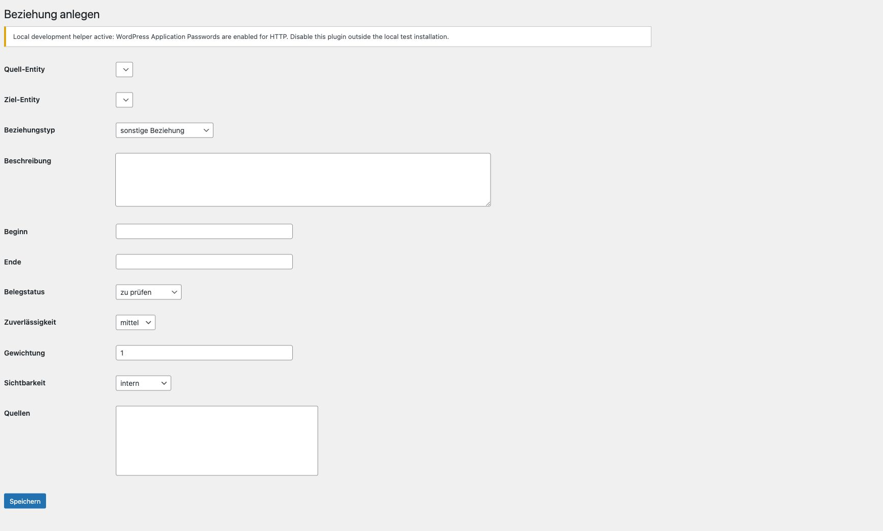 Screenshot des Beziehungsformulars mit Belegstatus und Zuverlässigkeit