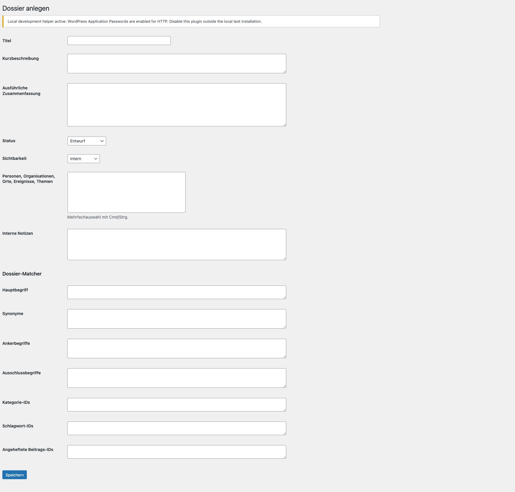 Screenshot des Dossier-Formulars mit Dossier-Matcher in der Free-Version