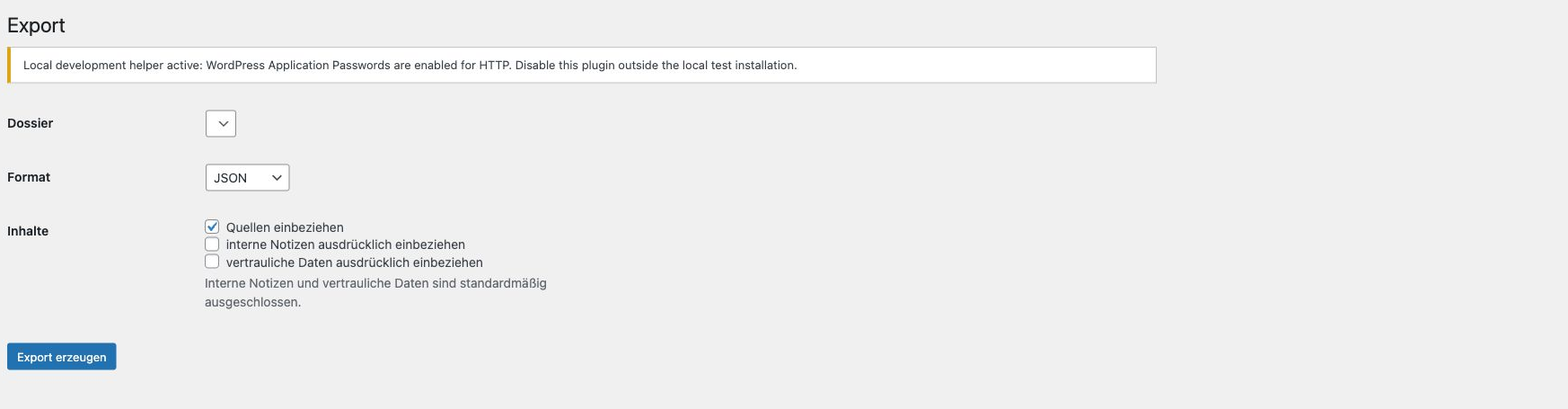 Screenshot der Exportansicht mit JSON CSV und GraphML
