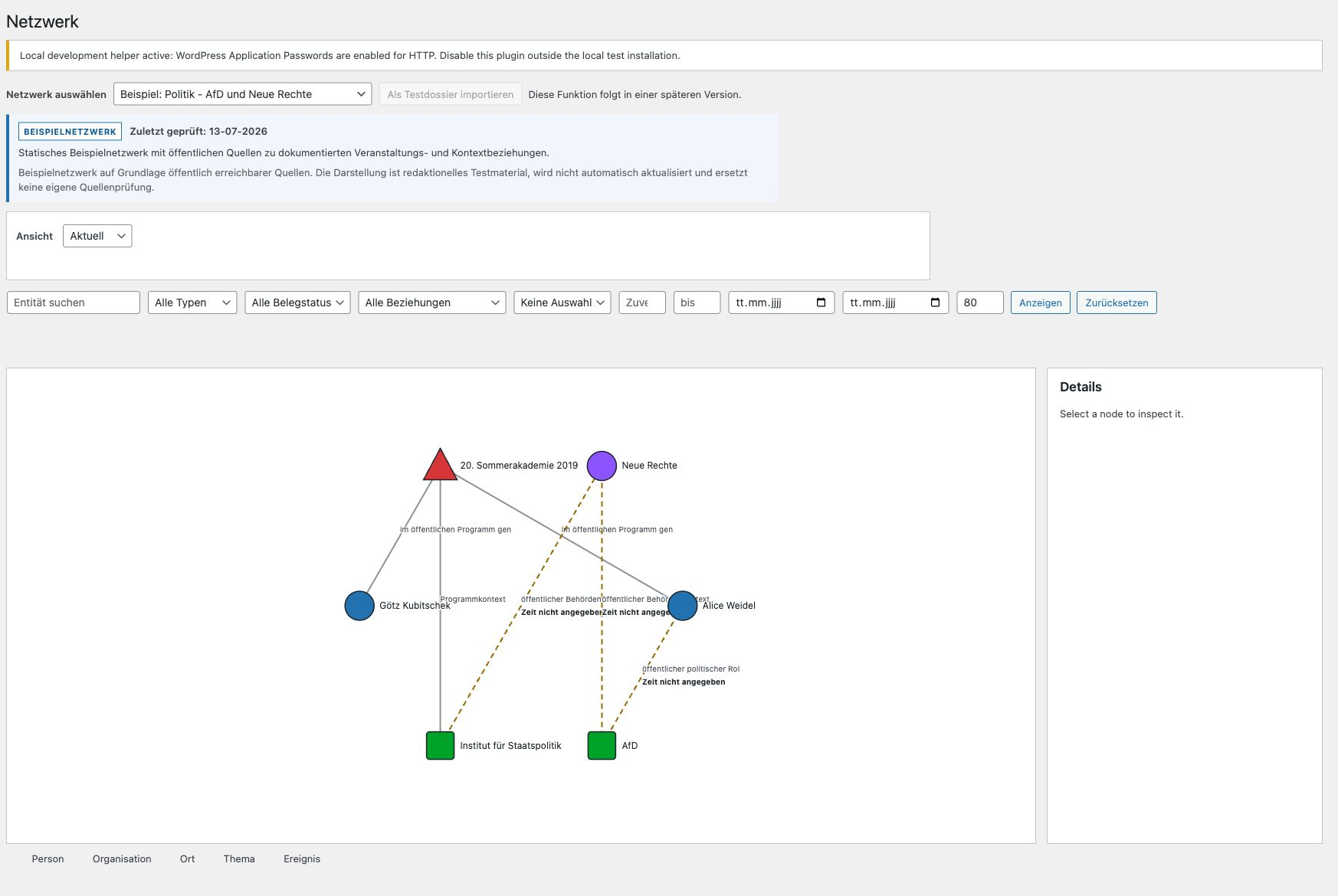 Screenshot der Netzwerkansicht in der Free-Version von Ruhrbarone Recherche Dossier