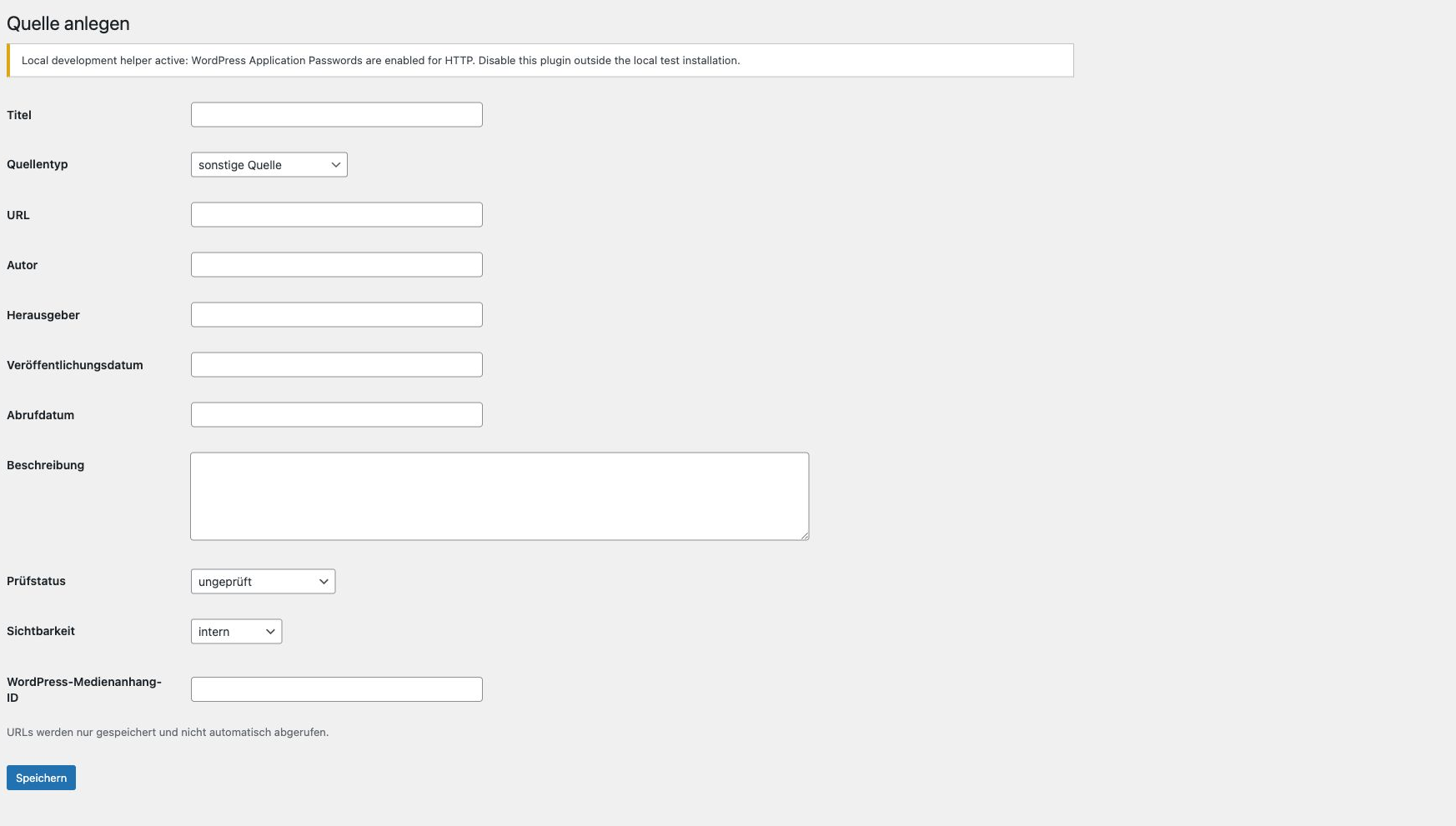 Screenshot des Quellenformulars in der Free-Version von Ruhrbarone Recherche Dossier