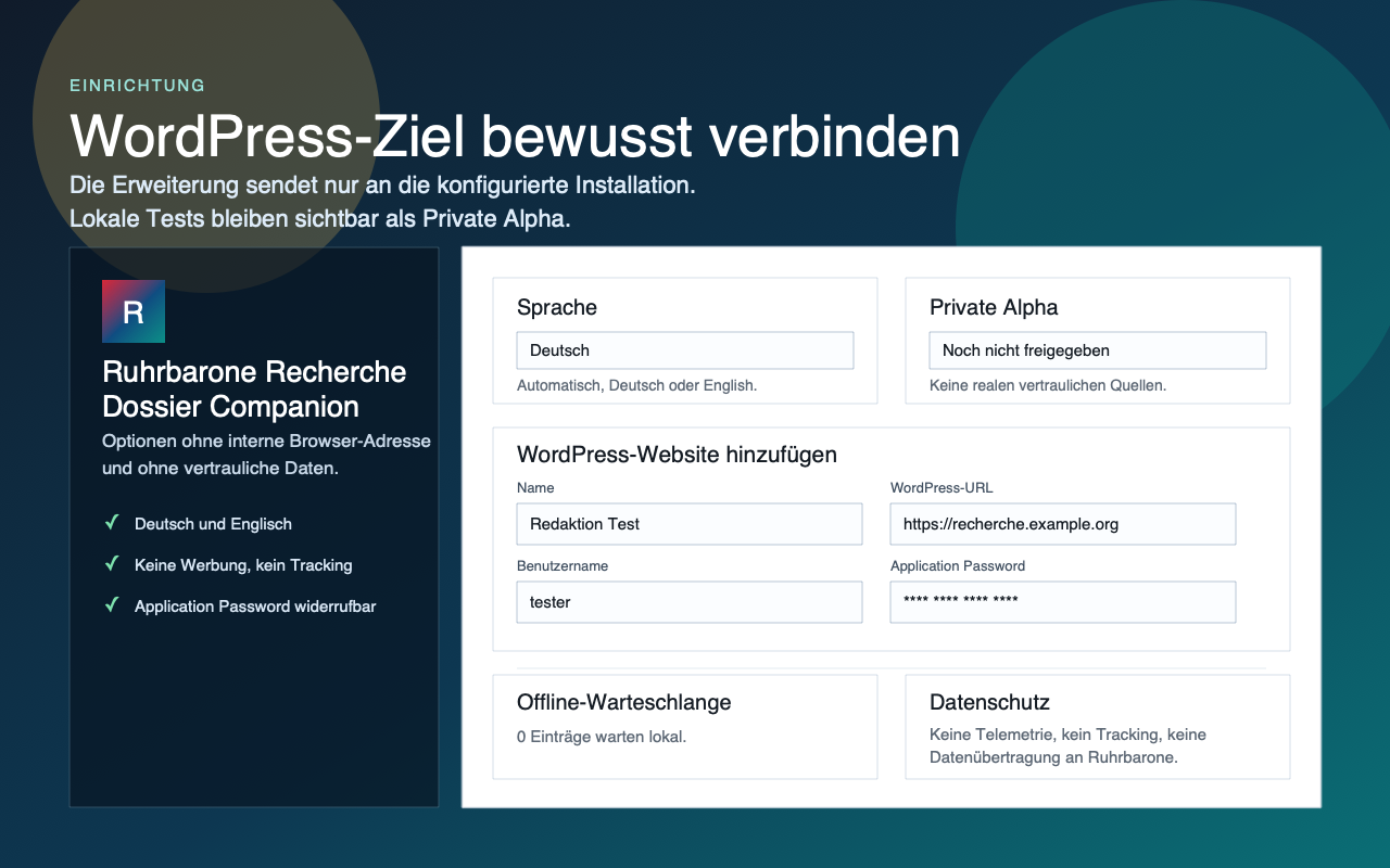 Screenshot der Optionen mit WordPress-URL, Application Password und Verbindungstest